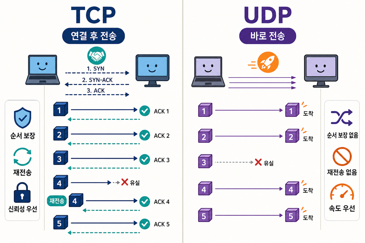 연결·순서 보장·재전송을 제공하는 TCP와 빠르게 바로 보내는 UDP 비교